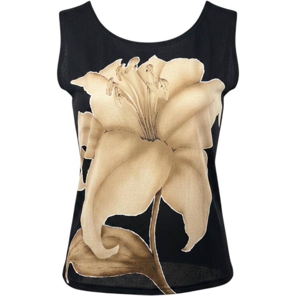 Womens Black Floral Lily‎ Graphic Tank Top Sleeveless Scoop Neck Knit Shirt L